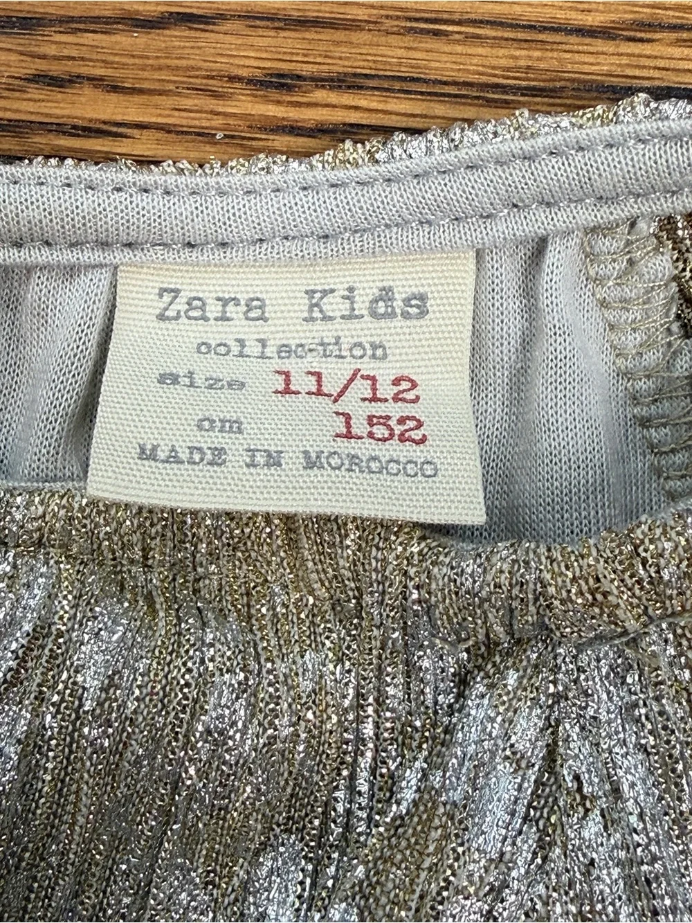ZARA Kids Metallic Silver Gold Champagne Shimmer Plisseé Short Sleeve Top 11-12